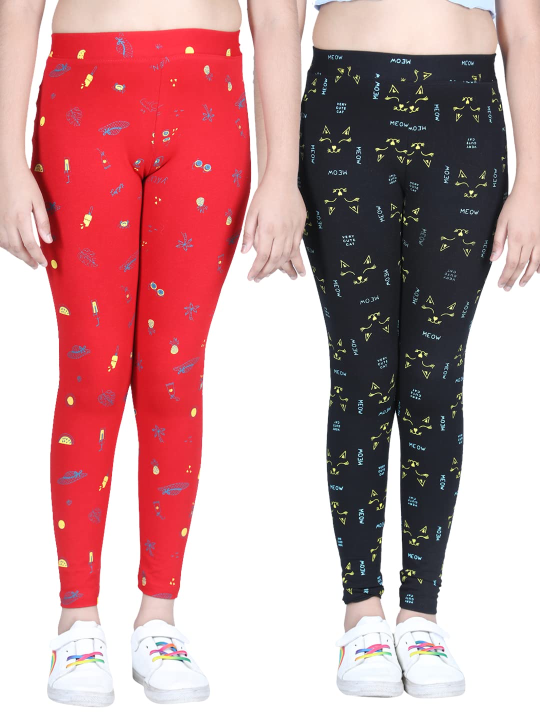 StyleStone Girls Pack of 2 Printed Leggings with Flat WaistbandBlack & Red (7061BMeowRHolid56)