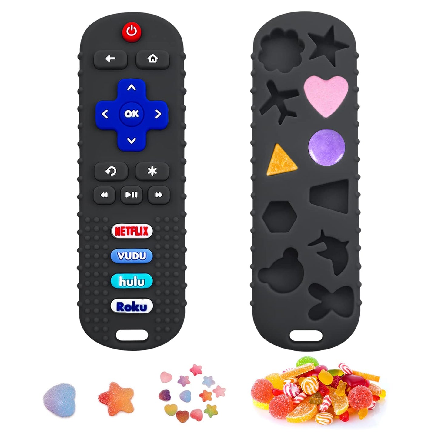 2Pack Teething Toys for Babies, Remote Control Shape Silicone Teether Toys,Baby Teethers for Toddlers Boys Girls (Black + Coral