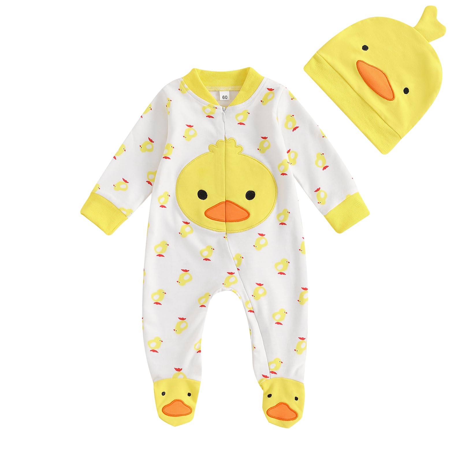 Twopumpkin Newborn Baby Boy Girl Halloween Duck Costume Long Sleeve Footed Romper Jumpsuit Duck Hat Outift Clothes (Zipper Duck 