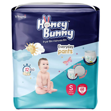 Honey Bunny Everyday Baby Diapers Pants | Small (S), 68 Count, 48 Kg | Silky Soft On Skin, Bubble Layer | 12 Hours Protection B