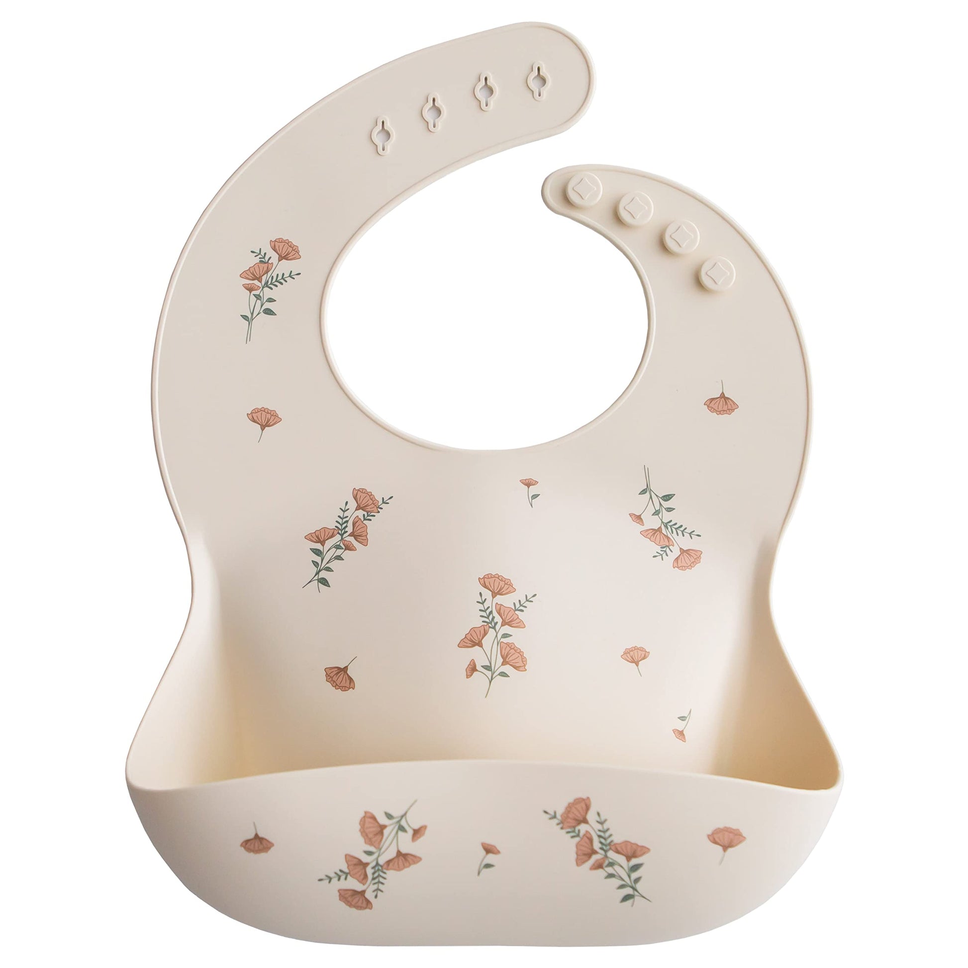 Mushie Silicone Baby Bib  Adjustable Fit Waterproof Bibs (Pink Flowers)