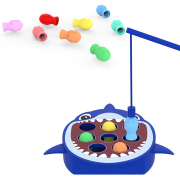 Magnetic Shark Fishing Game for Toddlers - 100% Silicone Toy with 8 Colorful Fish & Magnetic Rod - Safe, BPA-Free, Soft Educatio