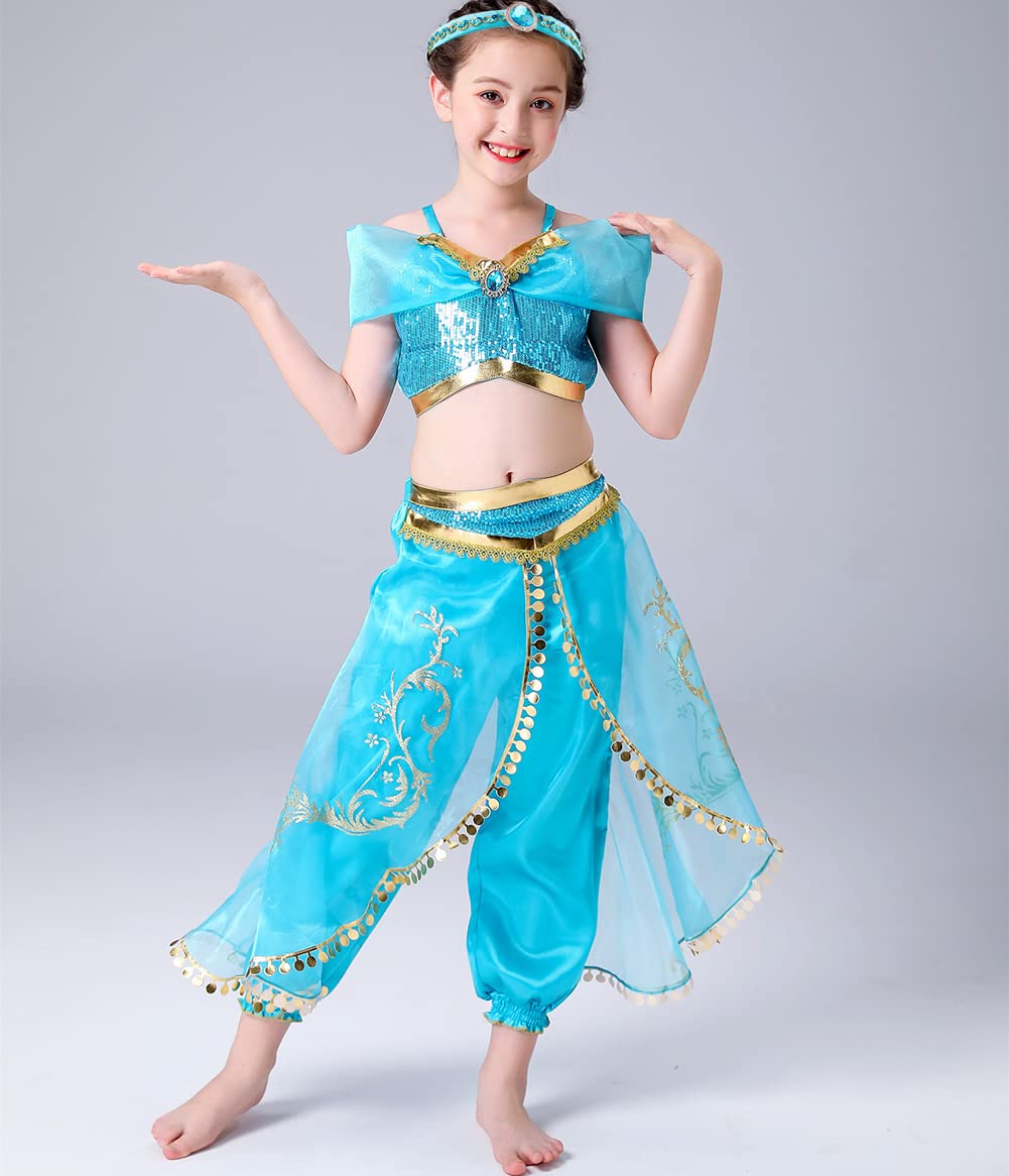 Girls Jasmine Costume Arabian Princess Jasmine Cosplay Costume With Headband Accessories Halloween Party Dress Up Costume For Ki