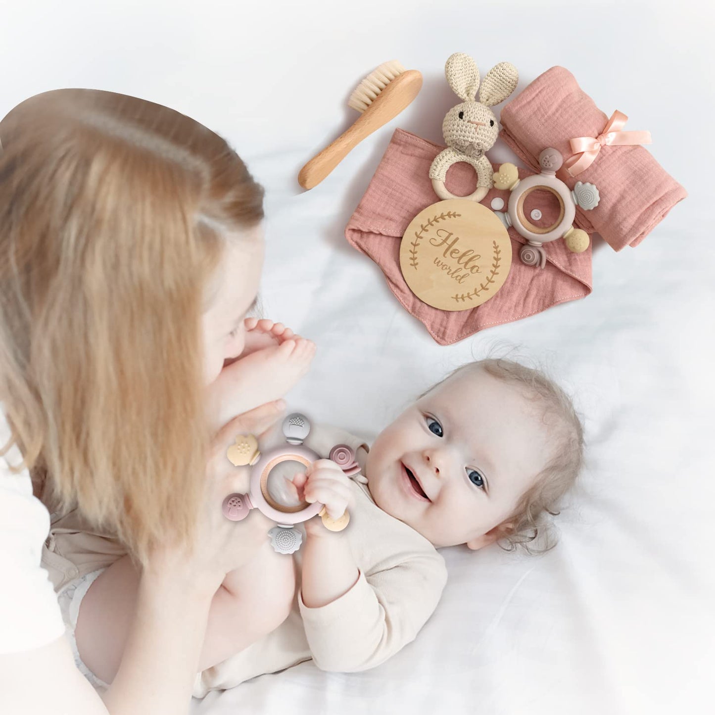Youuys Baby Gift Set For Newborn - Baby Essential Bath Basket Gift Set With Baby Blanket Baby Rattle Teether Toy & Hair Brush Ne