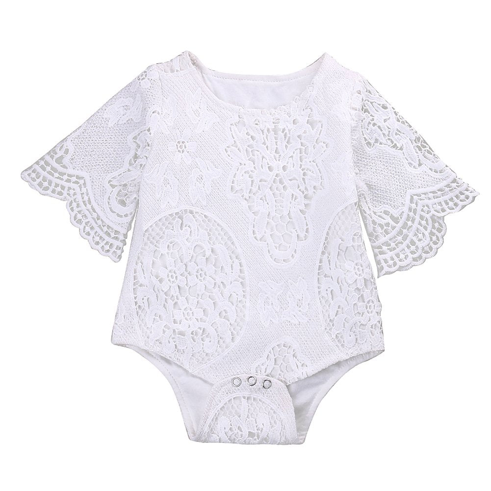 Infant Baby Girl White Lace Ruffles Sleeve Romper Sunsuit Bodysuit (60Cm/0-3 Months)