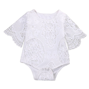 Infant Baby Girl White Lace Ruffles Sleeve Romper Sunsuit Bodysuit (60Cm/0-3 Months)