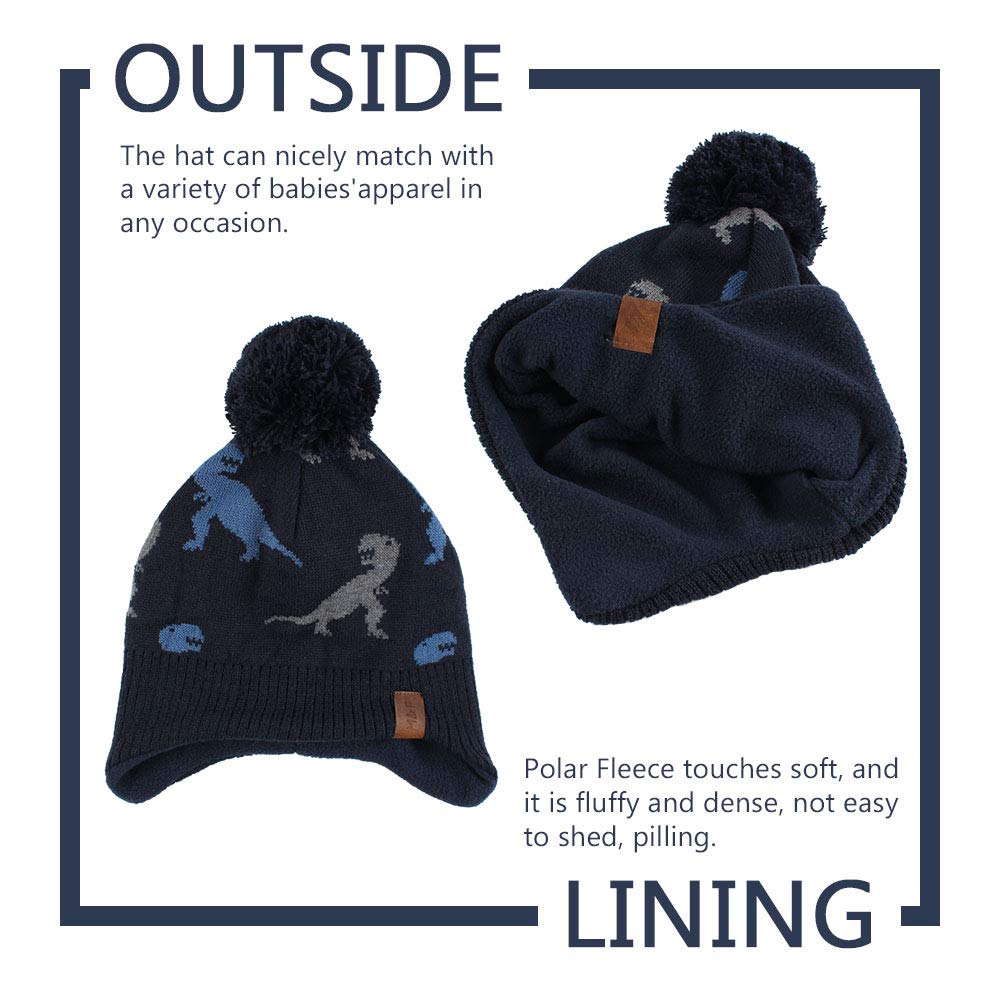 Knitted Baby Hat Scarf Set Winter Warm Boys Girls Beanie Fleece Lining Toddler Kids Hat With Pompom (Dinosaur Navy Hat+Scarf, S)