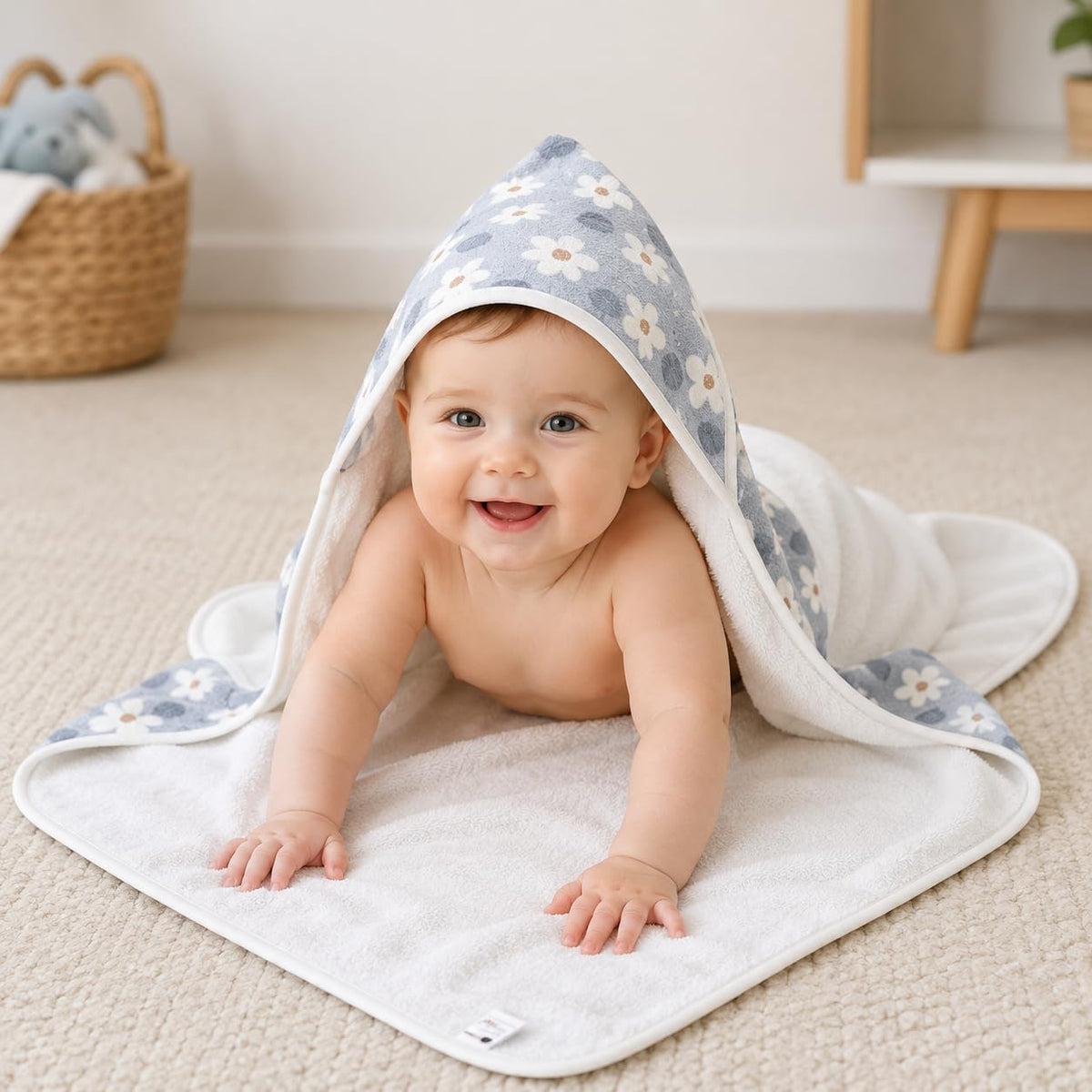 CREEVA Cuddle Baby/Kids Hooded Bath Towel in Floral Print  100% Cotton, Super Absorbent Bath Wrap for Newborns & Toddlers | (0