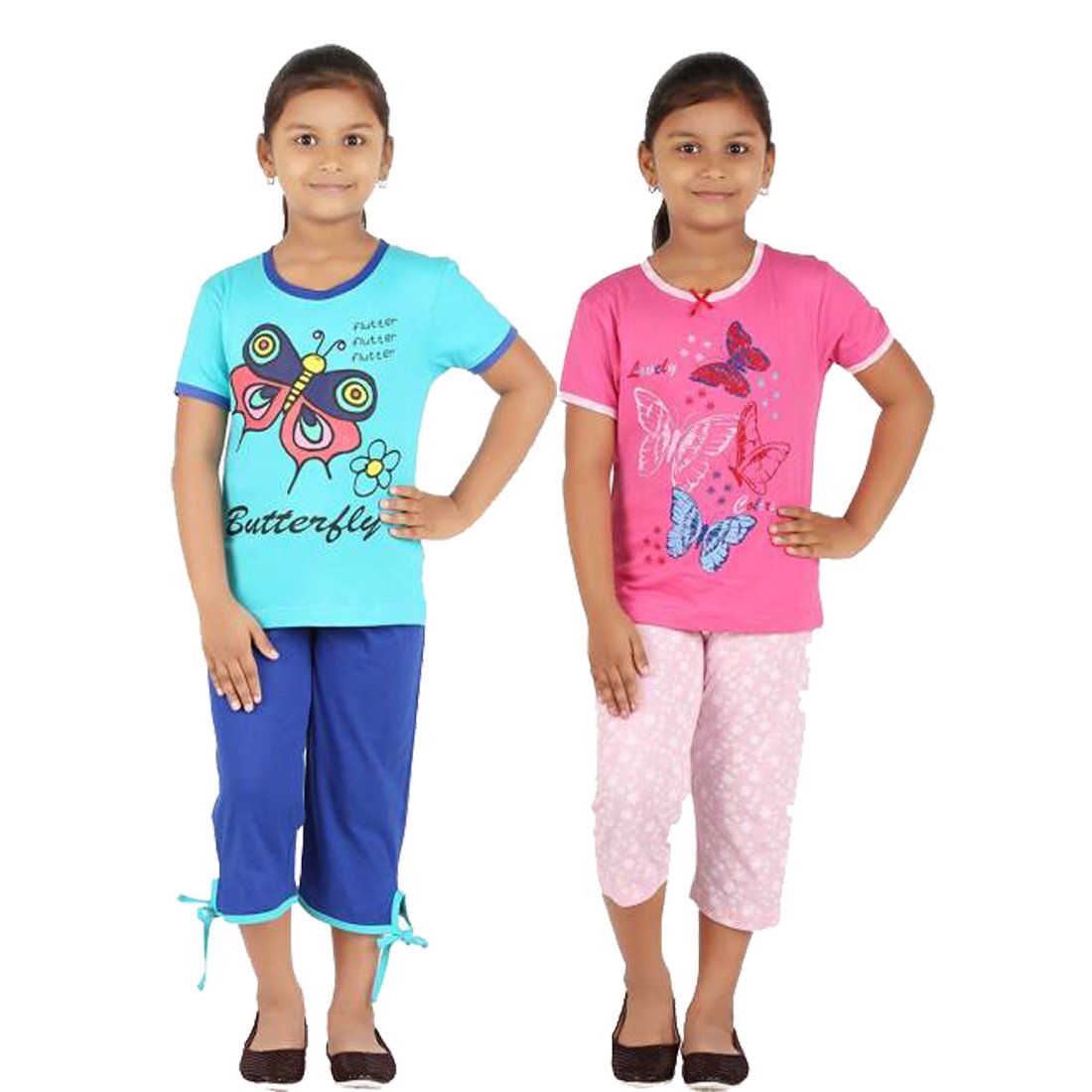 FICTIF Girls Cotton All Over Printed Top & Capri Set (Pack of 2) (2FG303RBLP23 Years_Light Blue & Dark Blue_2 Years3 Years)