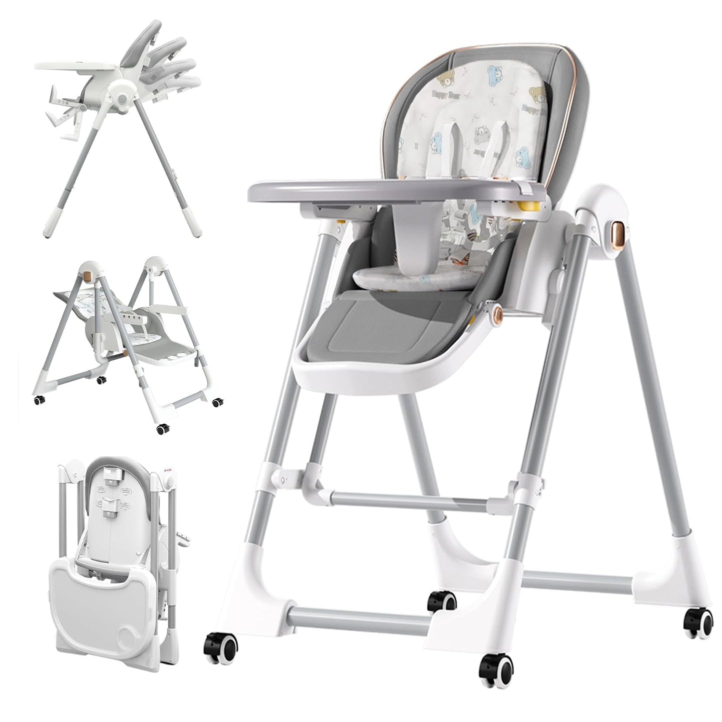 Taleco Gear Foldable Baby High Chair, 3-In-1 High Chairs For Babies And Toddlers With Removable Seat & Tray, 4 Locking Wheels, A