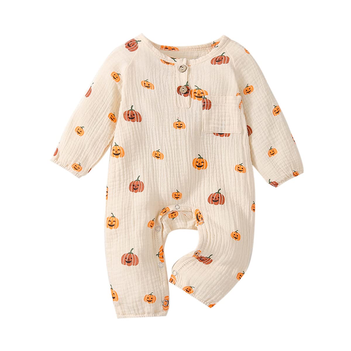 Twopumpkin Beige Long Sleeve Onesie Romper Jumpsuit (3-6 Months) - Cotton Blend Halloween Outfit For Unisex Children
