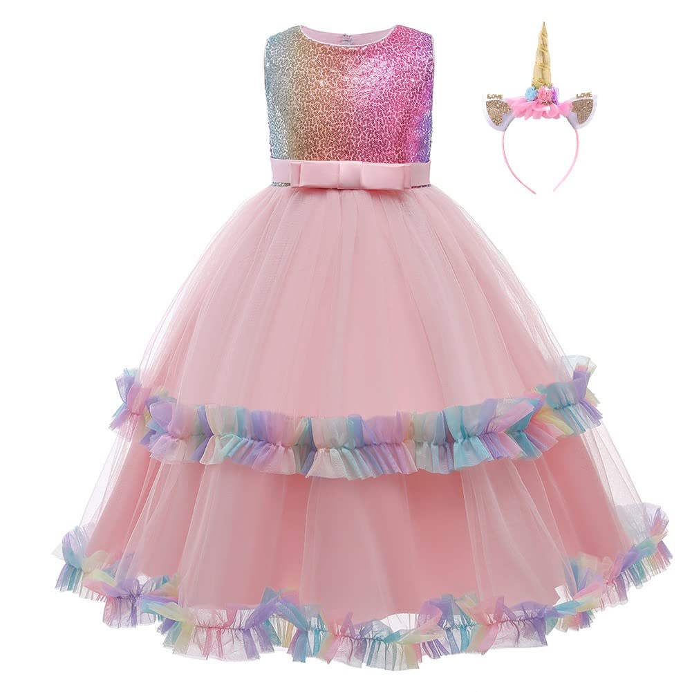 Izkizf Girls Unicorn Costume Sequins Princess Long Maxi Tulle Dress W/Headband Birthday Party Halloween Cosplay Dress Up Outfits