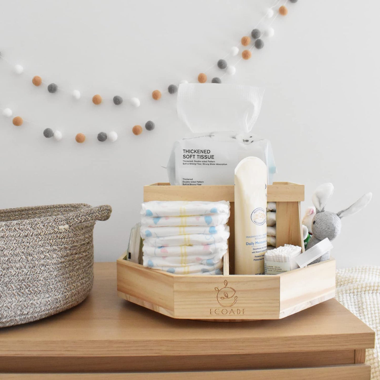 Ecoade Wooden Diaper Caddy Organizer - 360 Degrees Rotating Caddy With Removable Dividers, Nursery Diaper Organizer