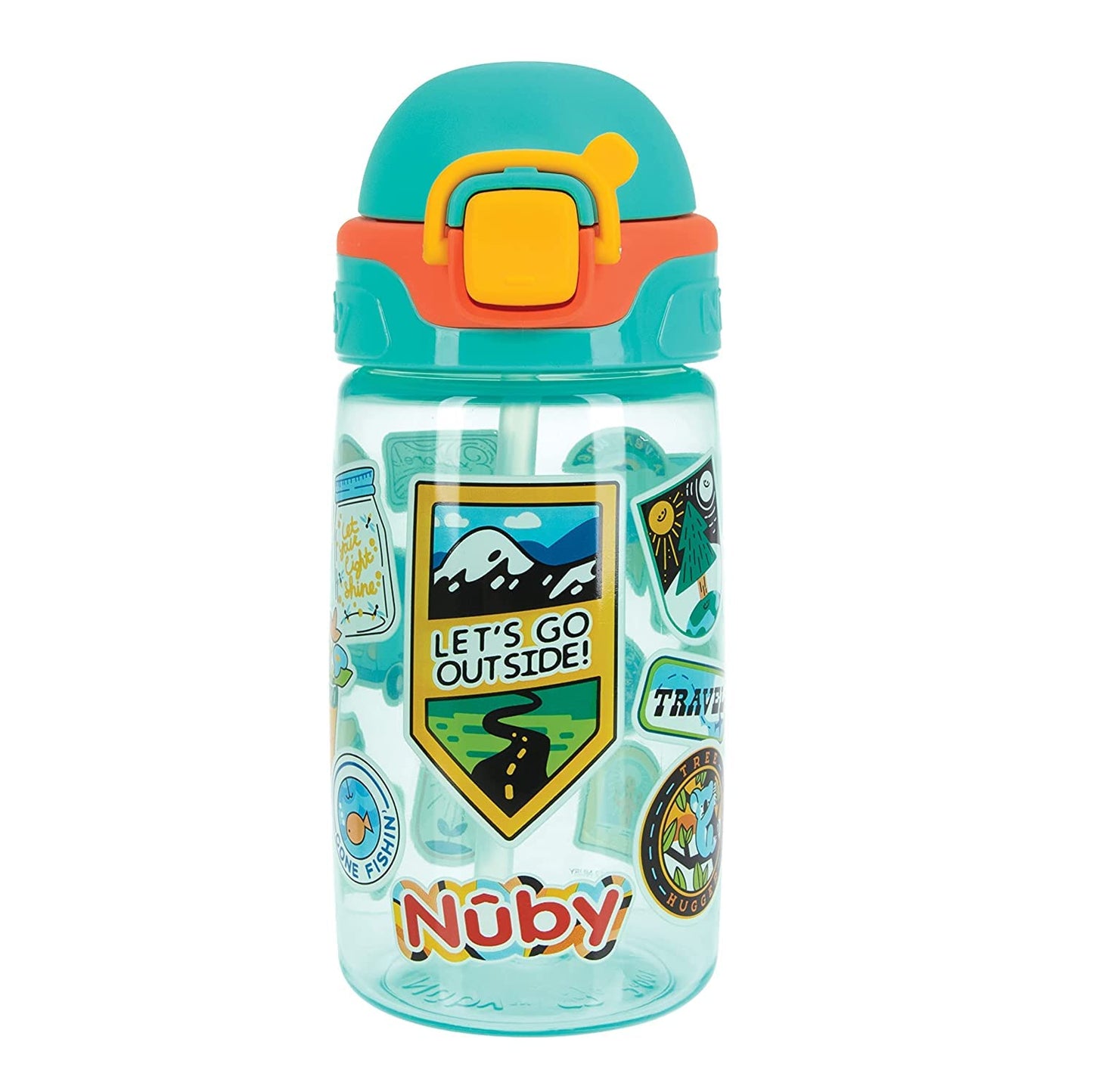 Nuby Kids Spill Proof Push Button And Travel Sticker Water Bottle With Soft Silicone Spout: 18+ Months, 14Oz / 420Ml