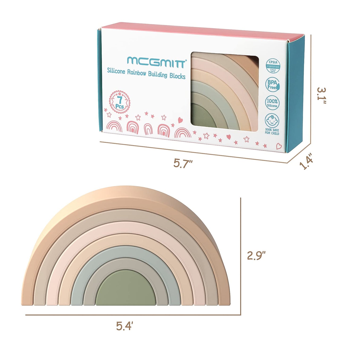 MCGMITT Rainbow Stacking Toy, Silicone Rainbow Stacker for Toddlers, Montessori Nesting Blocks, Building Creative Color Shape Ma