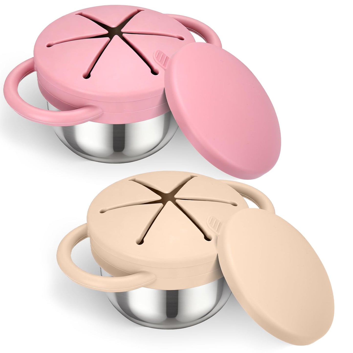 Palksky Toddler Snack Cups Stainless Steel for Kids, 2Pack 3-in-1 Snackle Containers with Spill-Proof Silicone Lids,Handles, Met