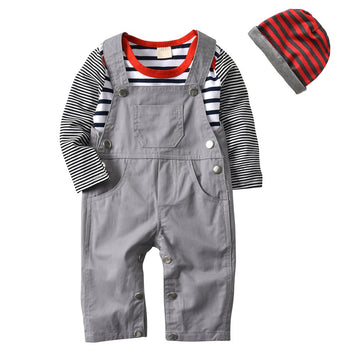 3Pcs Baby Boys Long Sleeve Stripe Romper Overalls Clothing Set With Hat (12-18 Months) Grey