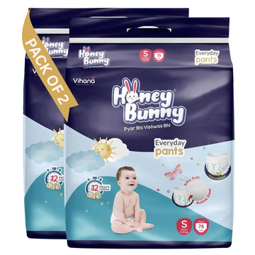 Honey Bunny Everyday Baby Diapers Pants | Small (S), 156 Count, 48 Kg | Silky Soft On Skin, Bubble Layer | 12 Hours Protection 