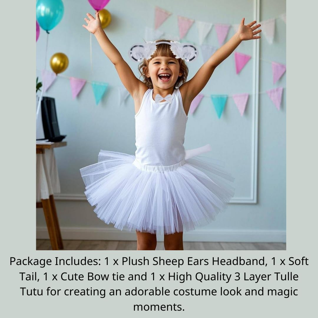 Kirei Sui Kids Animal White Sheep Ears Headband Bowtie Tail & Tutu Costume 4 Pieces Dress Up Set