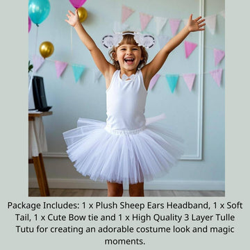 Kirei Sui Kids Animal White Sheep Ears Headband Bowtie Tail & Tutu Costume 4 Pieces Dress Up Set