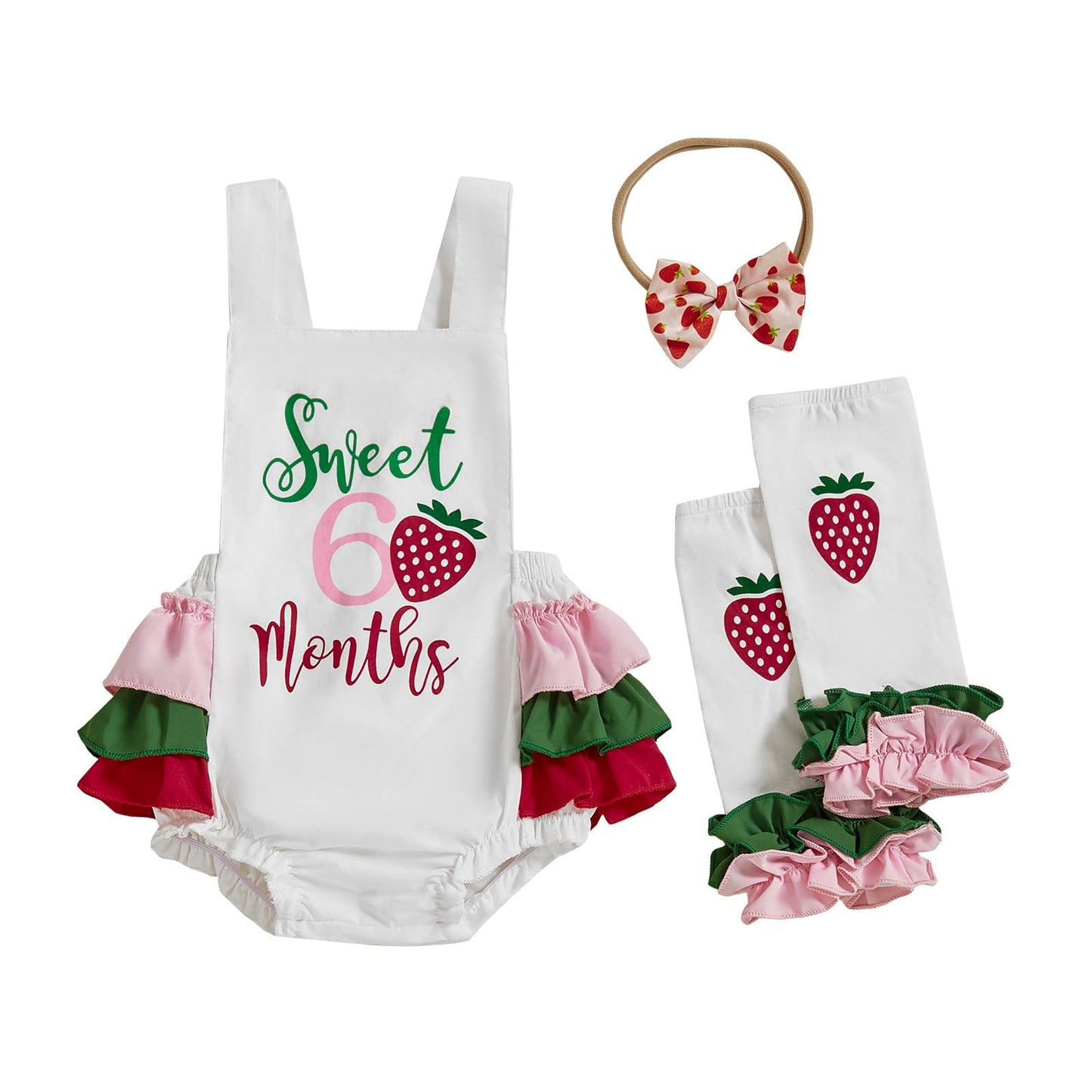 CREAIRY Baby Girl Half Birthday Outfit Doughnut Strawberry 6 months Romper Sleeveless Bodysuit +Leg Warmers Summer Clothes (Whit