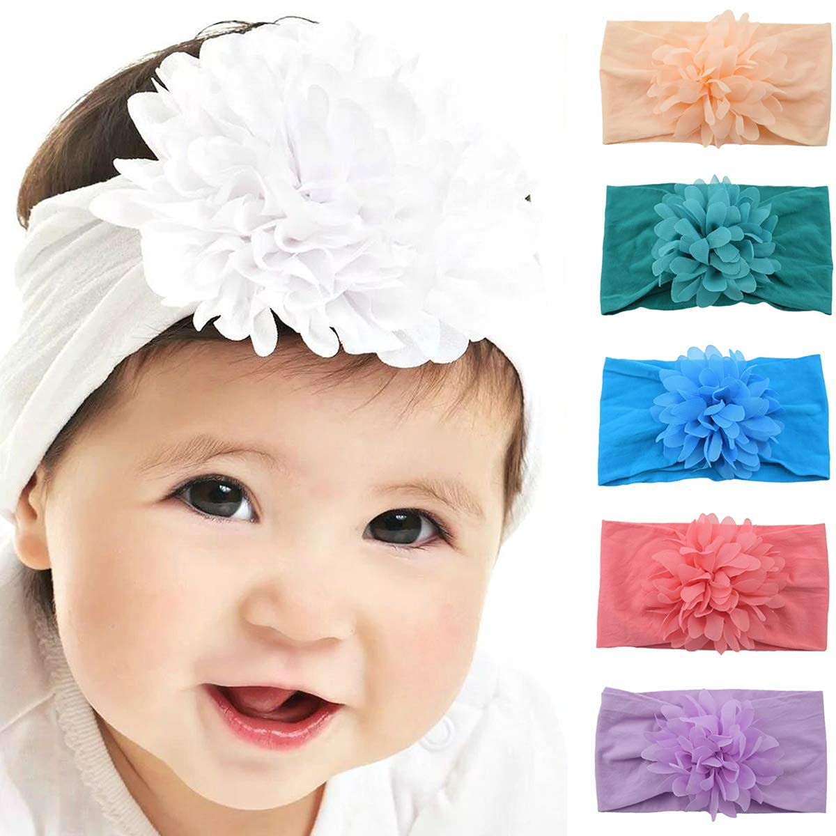 Star Work 4 Pcs Baby Nylon Headbands Hairbands Hair Bow Elastics For Baby Girls, Newborns, Infants, Toddlers And Kids (Flower Ba