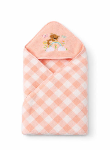 Hi mom Baby Hooded Towel, Peach Gingham, Teddy Bear Rainbow Embroidery, Soft Wrap for Infants (Orange)