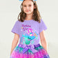 Doctor Unicorn Birthday Girls Mermaid Outfit Set Costume Tutu Skirt Dress, Mermaid Birthday Shirt, Headband & Satin Sash (Blue/P