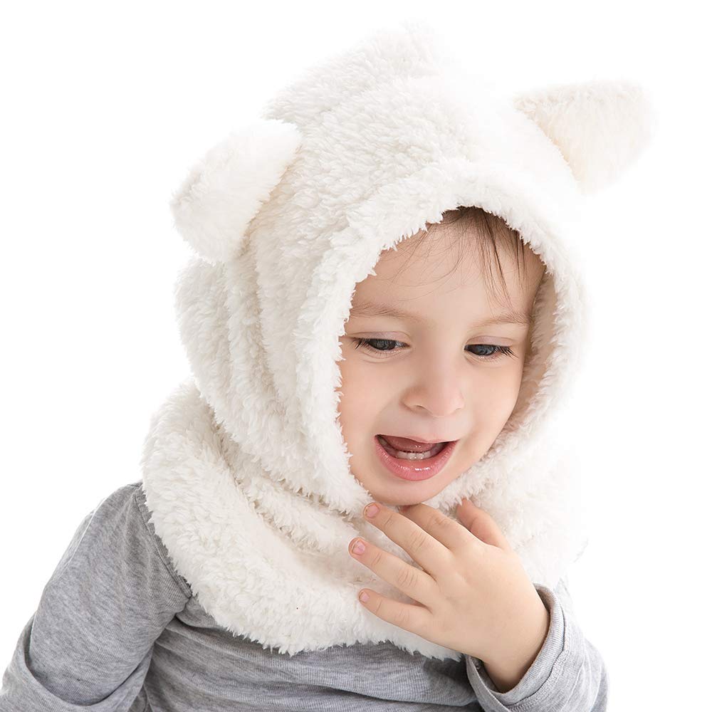 Baby Girls Boys Winter Warm Scarf Hat Kids Thick Earflap Hood Cap With Ear 6M-7T (White,S)