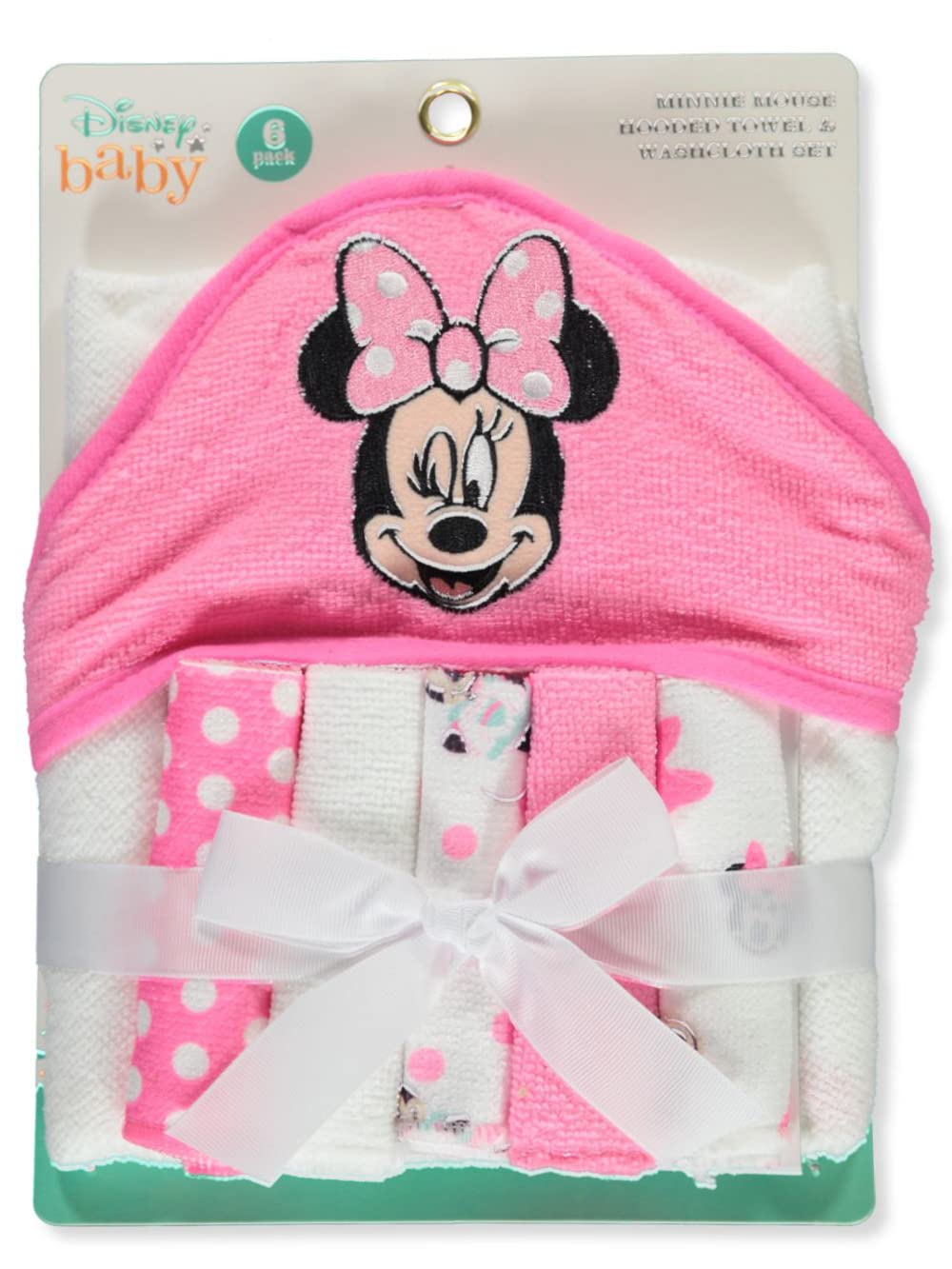 Cudlie Accessories Disney Baby Minnie Mouse Hooded Towel With 5 Piece Washcloth Set, Cute Face Print, Gs71797 Pink One Size