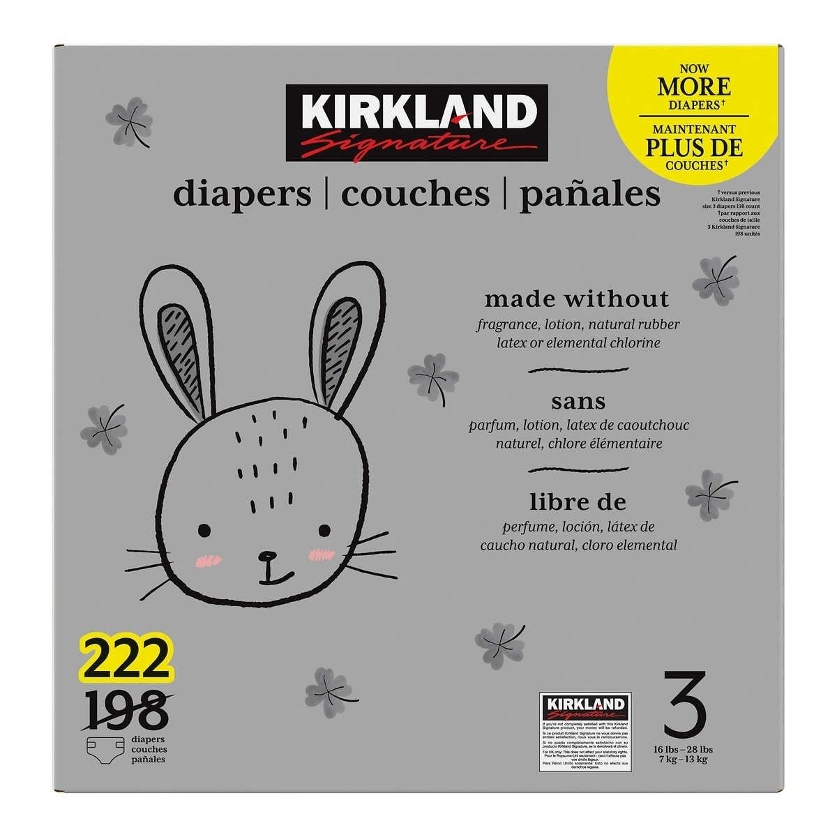 Kirkland Signature Diapers, Size 3 (16-28 Pounds), 222 Count