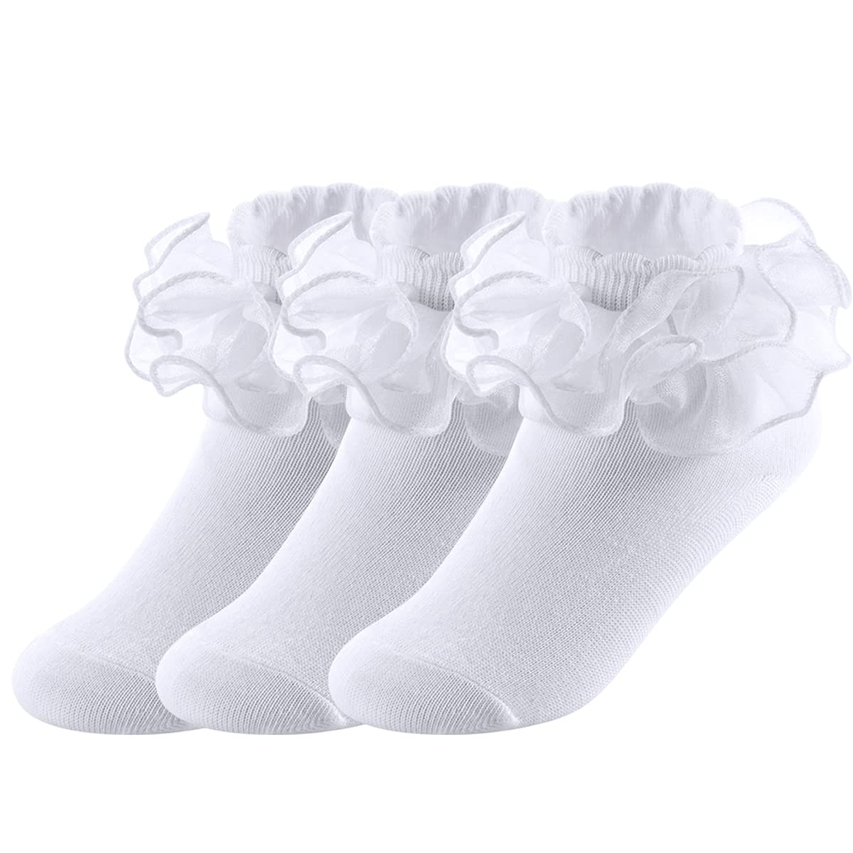 Yepami Big Girls Lace Socks Shimmering Cute Ruffle Comfortable Frilly Dress Ankle Socks 3 Pairs (White, Medium, 5_Years)