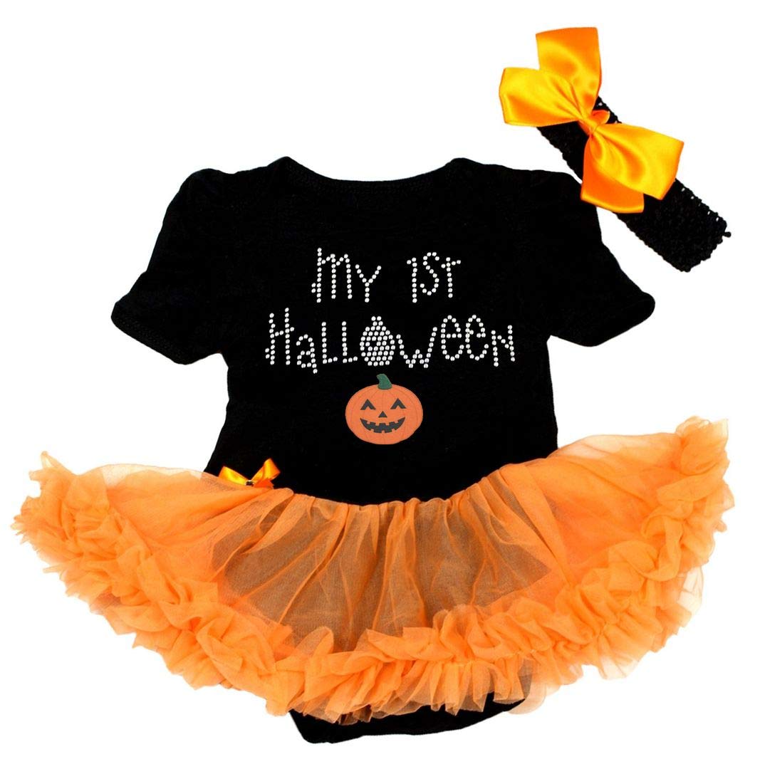 Petitebella My 1St Halloween Pumpkin Bodysuit Tutu Baby Dress Nb-18M (Black/Orange, 12-18 Months)