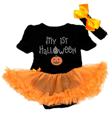 Petitebella My 1St Halloween Pumpkin Bodysuit Tutu Baby Dress Nb-18M (Black/Orange, 12-18 Months)