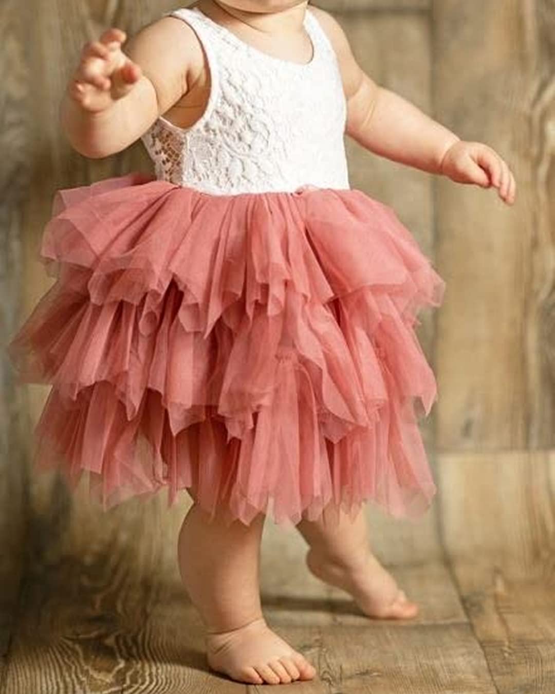 2Bunnies Girl Peony Lace Back A-Line Tiered Tutu Tulle Flower Girl Dress (Dusty Rose Sleeveless Short, 7-8Yrs)