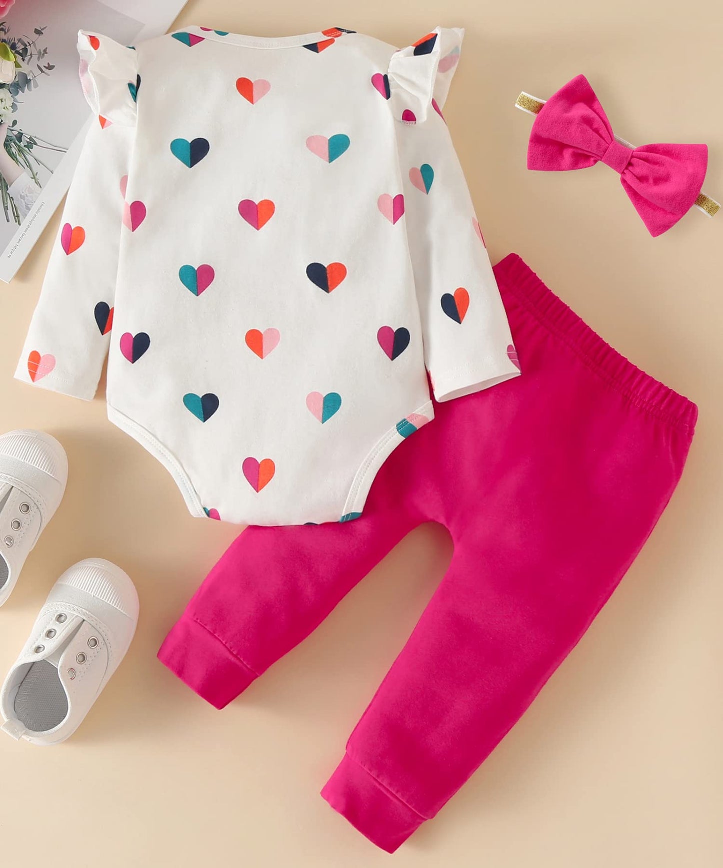 Fullfamous Baby Girl Clothes Gifts Outfits,Fall Winter Long Sleeve Romper And Pant Set Raspberry Heart 18-24 Months