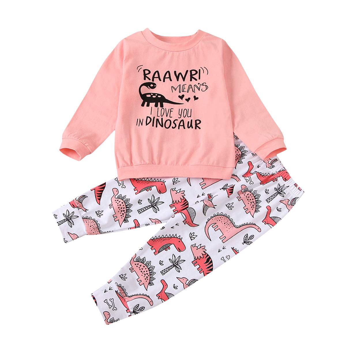 Boutikome Toddler Baby Girls Clothes Sets Little Girl Dinosaur Long Sleeve Shirts Tops + Pants 2Pcs Fall Winter Outfits(Pink,3T)