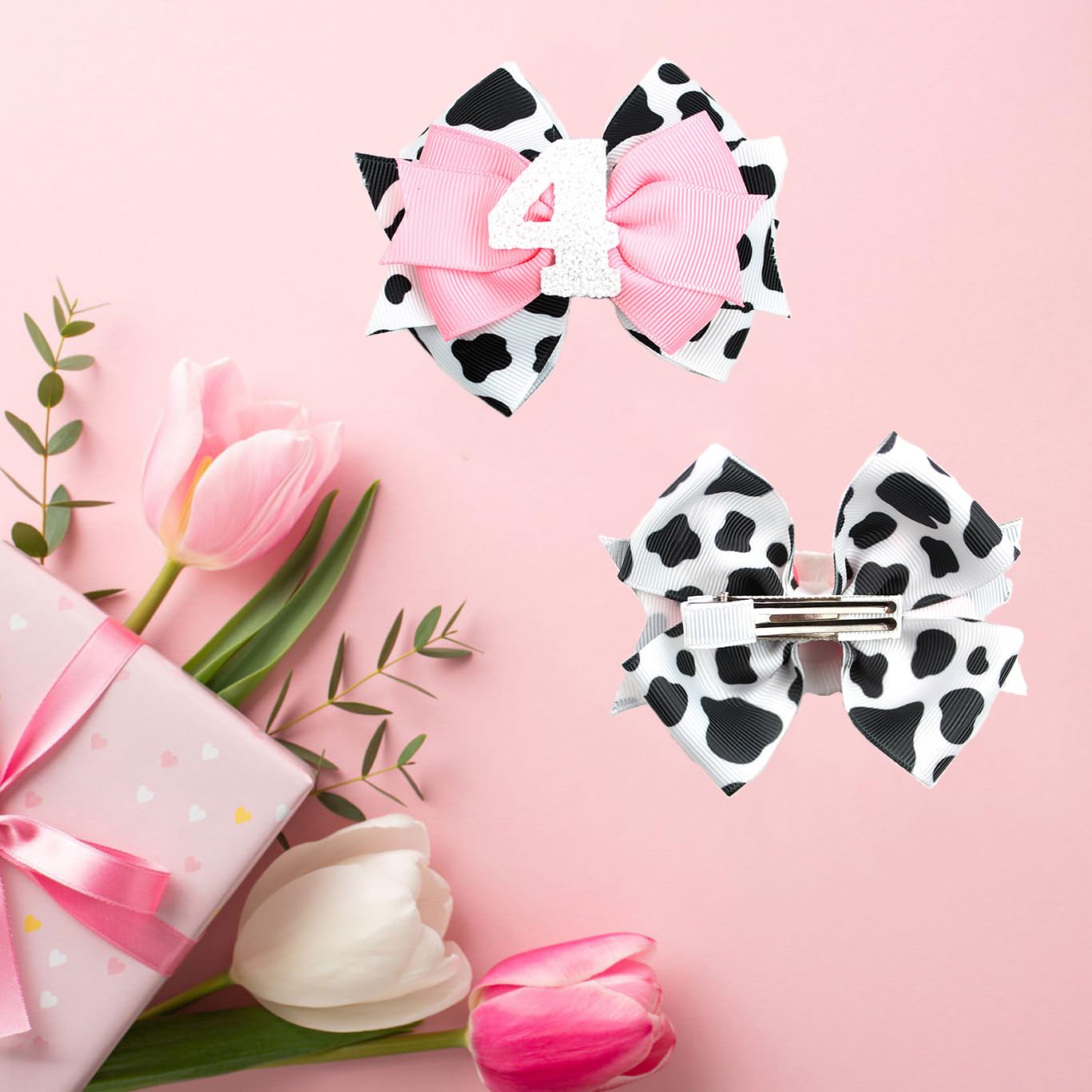 Birthday Hair Clips For Baby Girls - 2Pc Cow Print Bow With White Number Hair Clips For 4Th Birthday Baby Bow Party Decorations