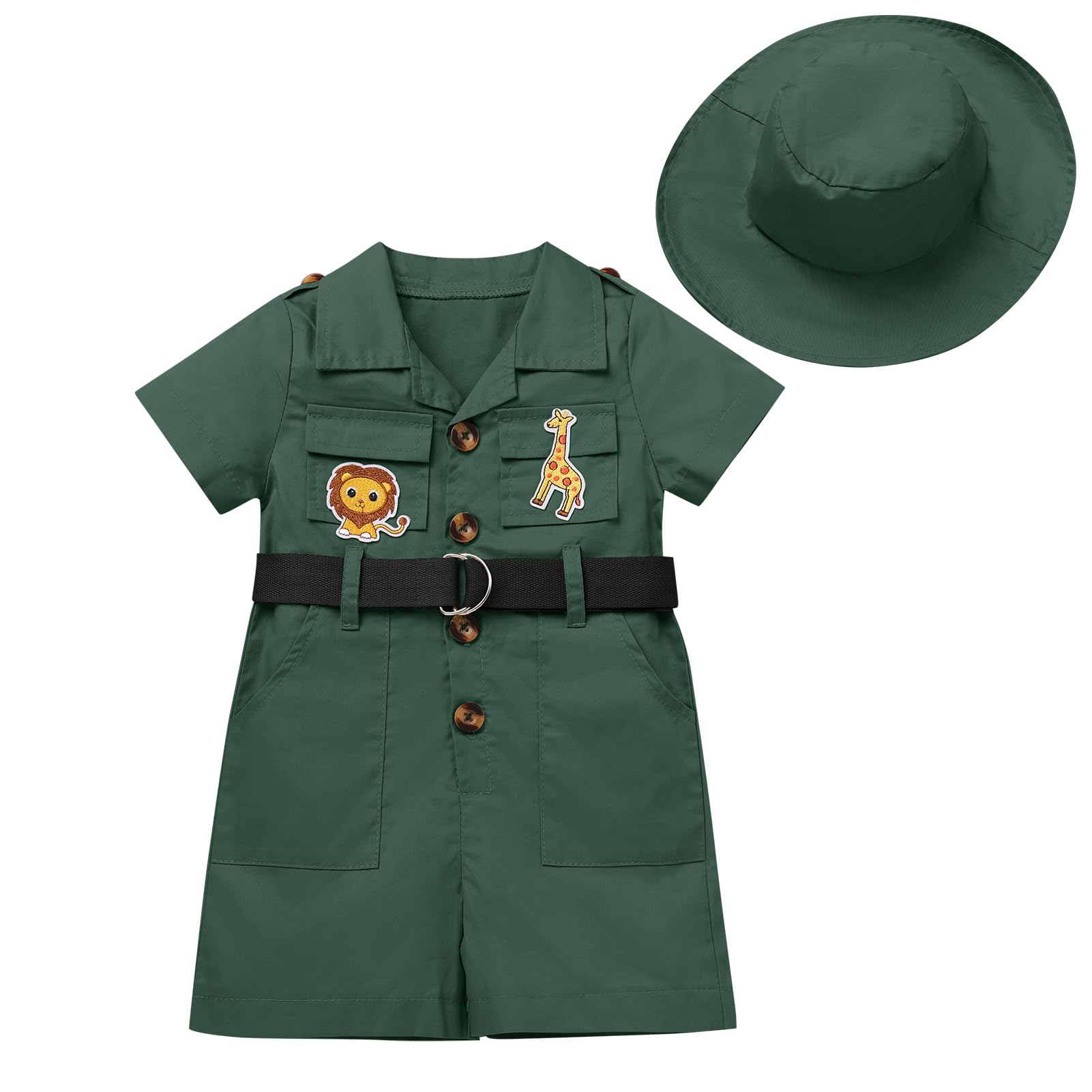 Wild One Birthday Outfit Girl Short Sleeve Safari Jumpsuit With Safari Hat Baby Safari Outfit Toddler Zookeeper Outfits Dark Gre