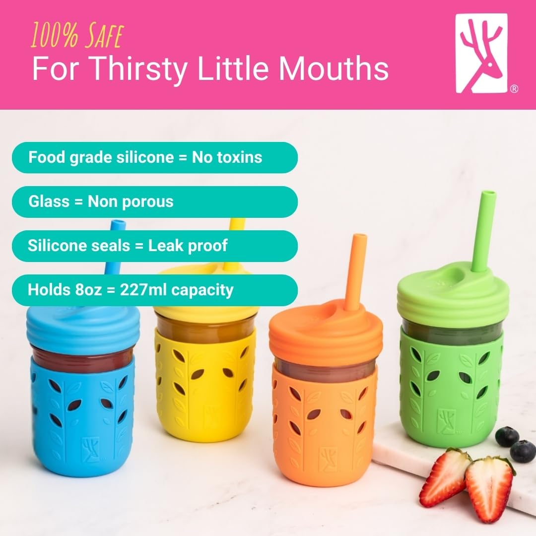 Elk And Friends Kids & Toddler Cups  The Original Glass Mason Jars 8 Oz With Silicone Straws With Stoppers  Smoothie Cups  Spill