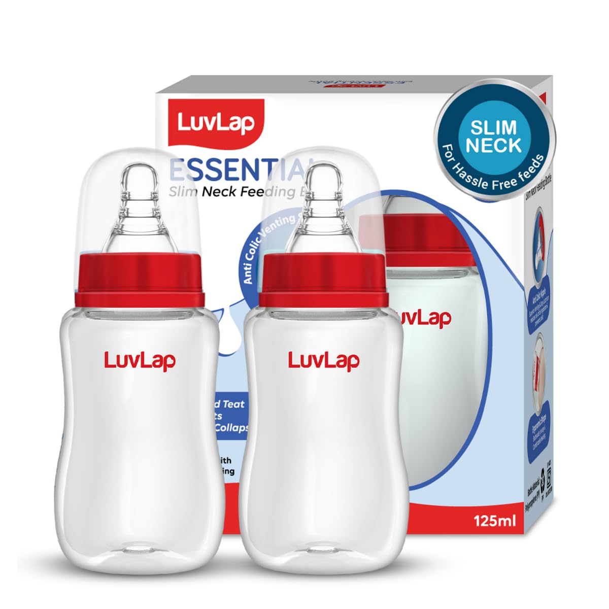 Luvlap AntiColic Slim/Regular Neck Essential Baby Plastic Feeding Bottle, 125Ml (Pack Of 2), New Born/Infants/Toddler Upto 3 Ye