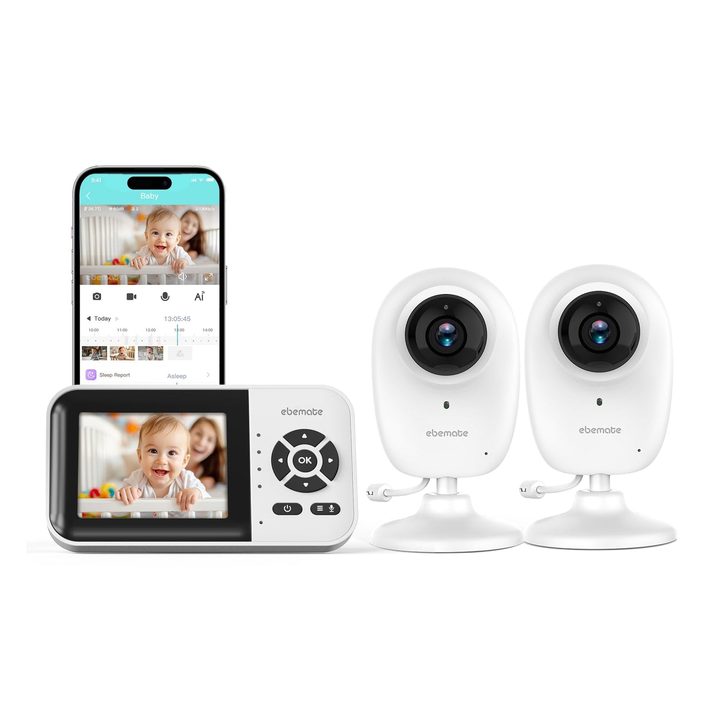 ebemate WiFi Video Baby Monitor with 2 Camera,2.8 Display with 1200Ft Long Range,WiFi On/Off,1080P No Glow Night Vision,2-Way Ta