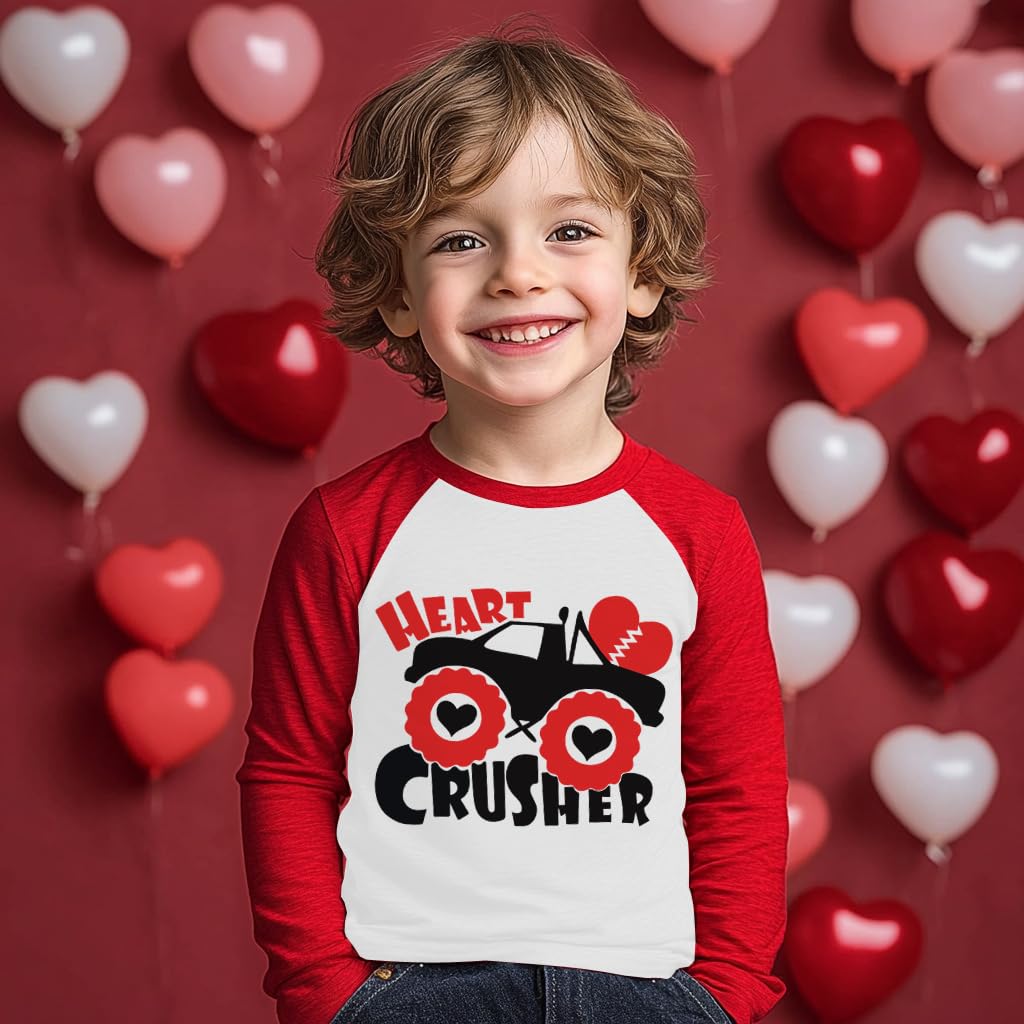 Toddler Boys T-Shirt Valentine'S Day Shirt Monster Truck Heart Crusher Tops Kids Long Sleeve Raglan Baby Tees 2T