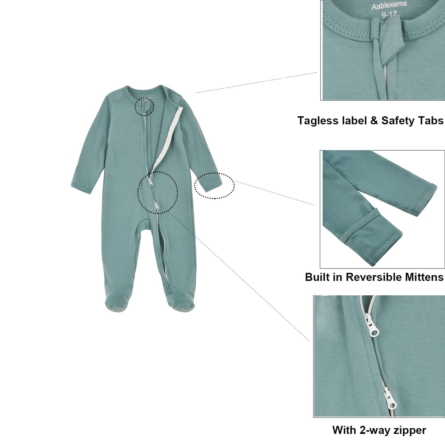 Aablexema Baby Footed Pajamas With Mitten Cuffs - Unisex Newborn Infant 2 Ways Zipper Cotton Footie Pjs(Green,6-12M)