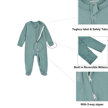 Aablexema Baby Footed Pajamas With Mitten Cuffs - Unisex Newborn Infant 2 Ways Zipper Cotton Footie Pjs(Green,6-12M)