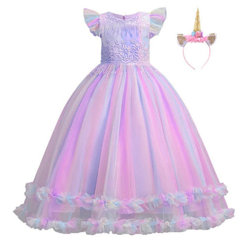 Myrisam Unicorn Costume Princess Birthday Pageant Party Halloween Cosplay Christmas Rainbow Tulle Fancy Dresses W/Headband Purpl