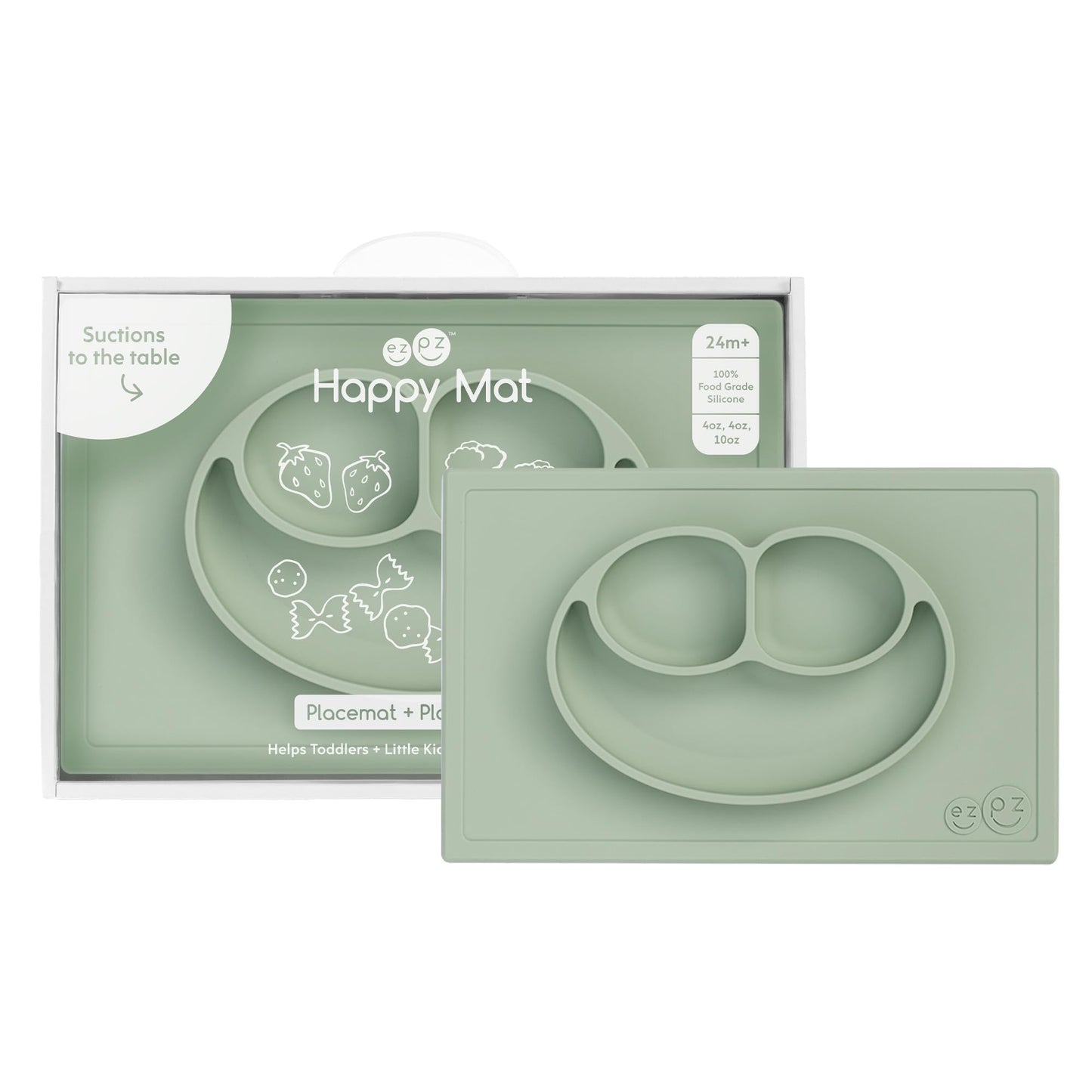ezpz Happy Mat (Sage) - 24 Months+ - 100% Silicone Suction Placemat + Divided Plate with Three Compartments - Toddler + Preschoo