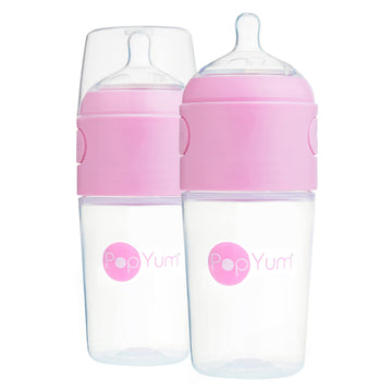 Popyum 9 Oz Pink Anti-Colic Formula Making/Mixing/Dispenser Baby Bottles, 2-Pack With #2 Medium Flow Nipples, 260 Ml, Bpa-Free,