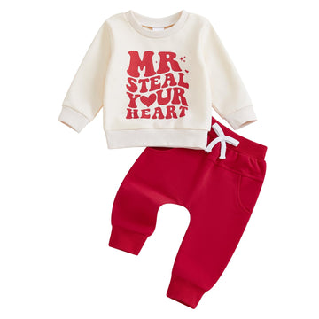 Frietlebird Toddler Baby Boy Valentines Day Outfit Letter Print Crewneck Sweatshirt With Pants Cute Winter Spring Clothes Outfit