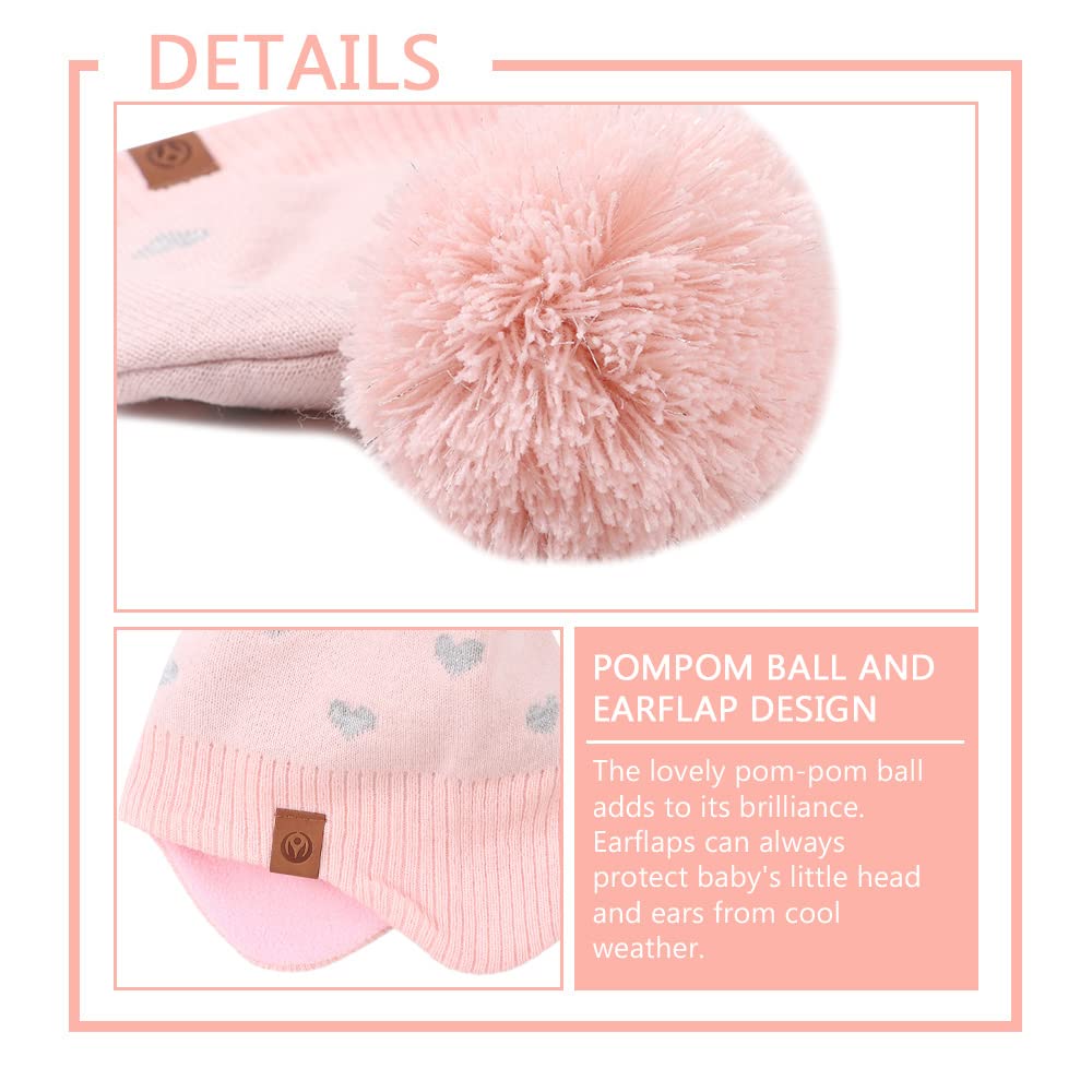 Jangannsa Knitted Baby Hat Scarf Set Winter Warm Boys Girls Beanie Fleece Lining Toddler Kids Hats With Pompom (Pink Heart(Hat+S